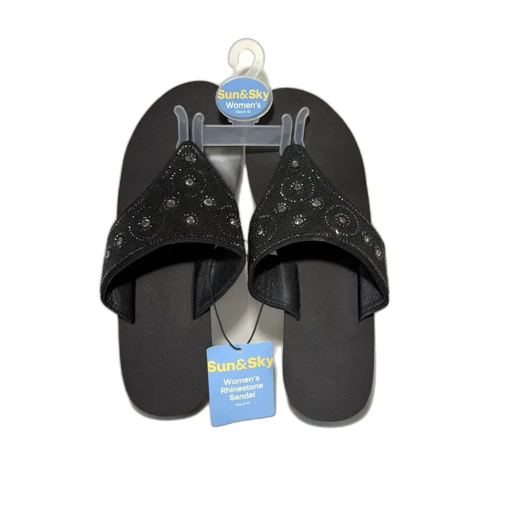 Sun & Sky Women’s Rhinestone Beaded Slip-On Wedge Platform Sandals Black 9-10